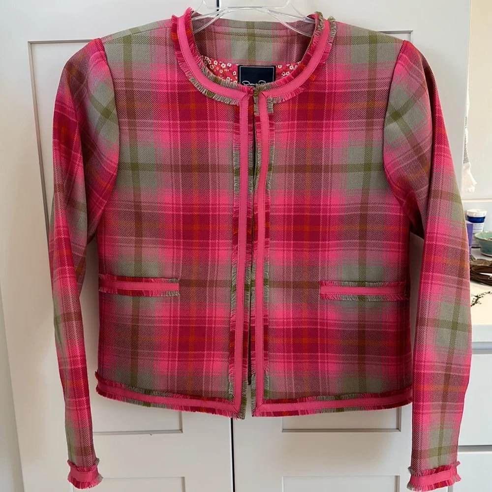 $295 NEW Oscar de la Renta Girls WOOL Jacket Hot Pink Green Plaid Blazer 14 Y - Picture 1 of 7